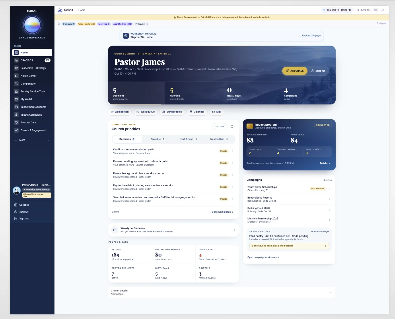 Actual Faithful demo dashboard showing team priorities, care and approvals