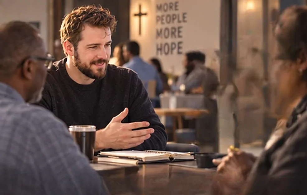 Illustrative GRACE storyboard scene of Pastor James in conversation with two people