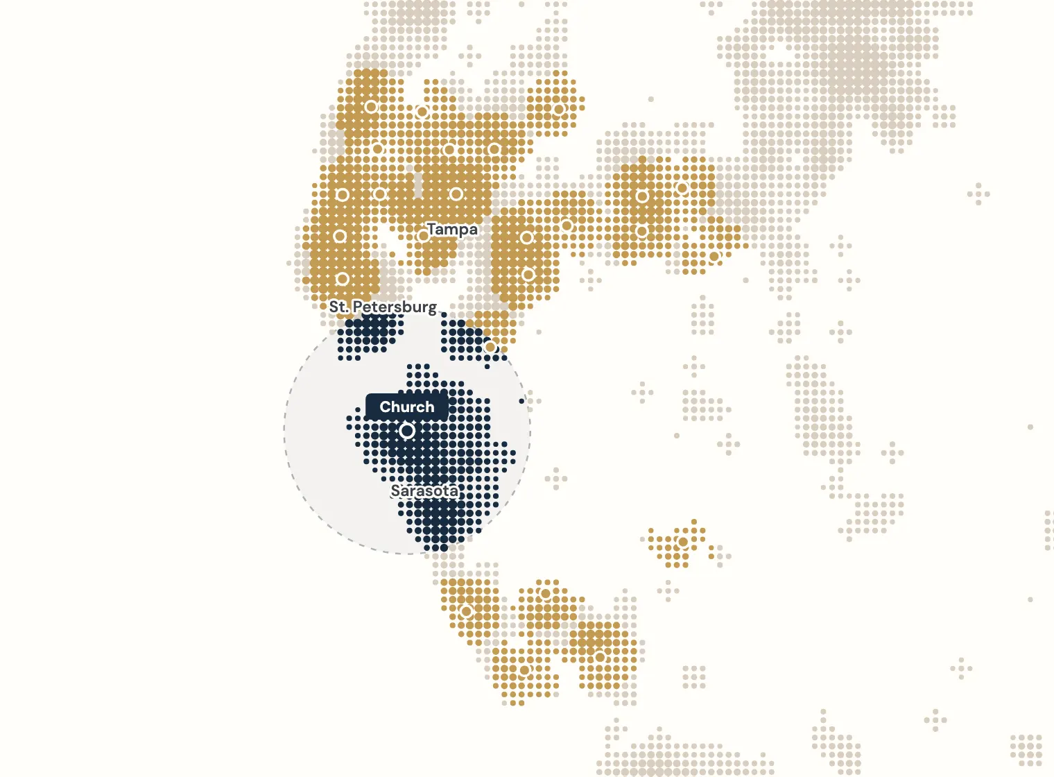 Dot map of Tampa Bay showing a church zone and the areas member hosts could reach